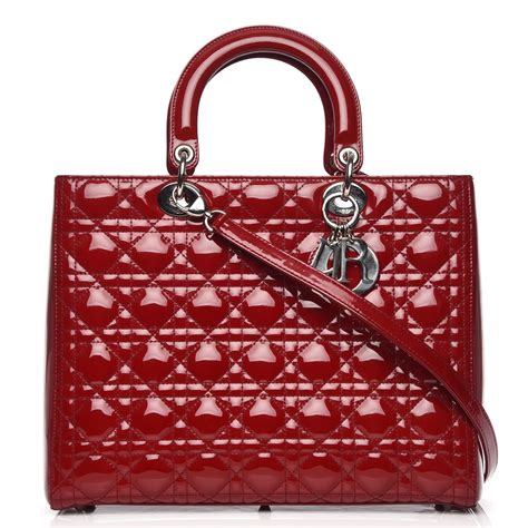 CHRISTIAN DIOR Patent Cannage Large Lady Dior Red .